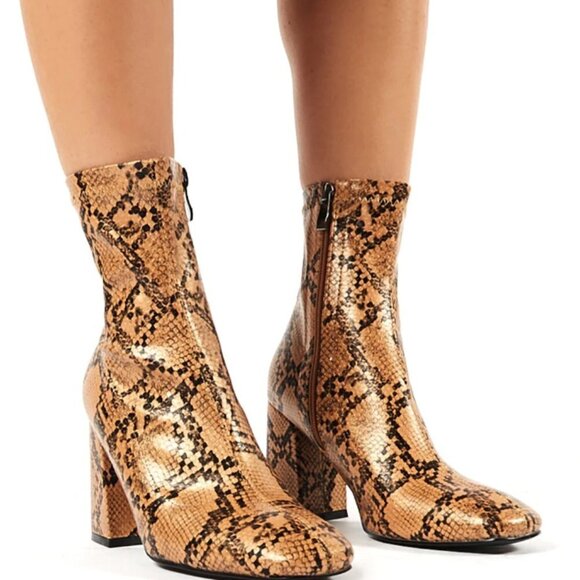 Public Desire ADDICT TAN SNAKESKIN SOCK FIT BLOCK HEELED ANKLE BOOTS 6 - Picture 4 of 14